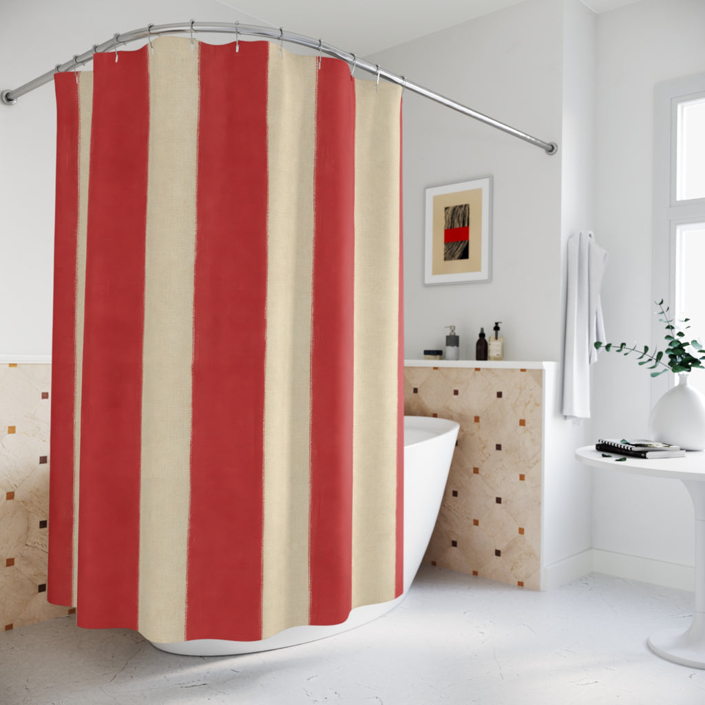 Red And White Striped Shower Curtain, Cabana Bath Decor, Cream Red Vertical Stripe Pattern, Classic Guest Bathroom Decor, Cabana Style