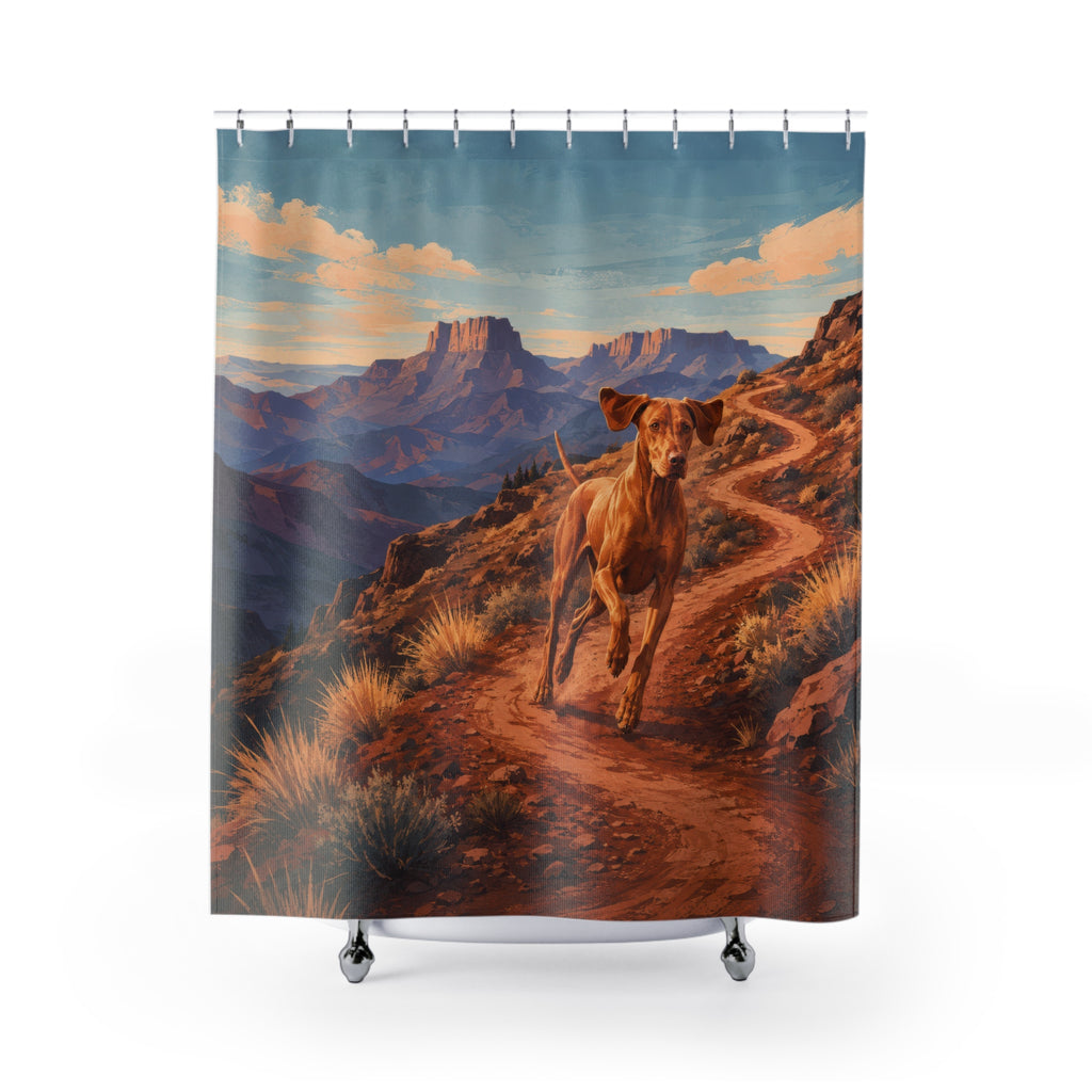 Canyon trail running Vizsla shower curtain with full front view