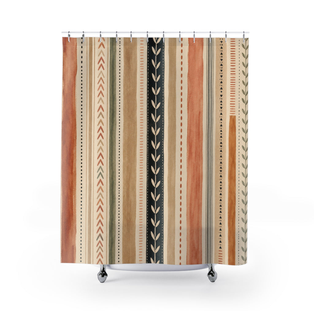 Olive Green Terracotta Geometric Stripe Shower Curtain