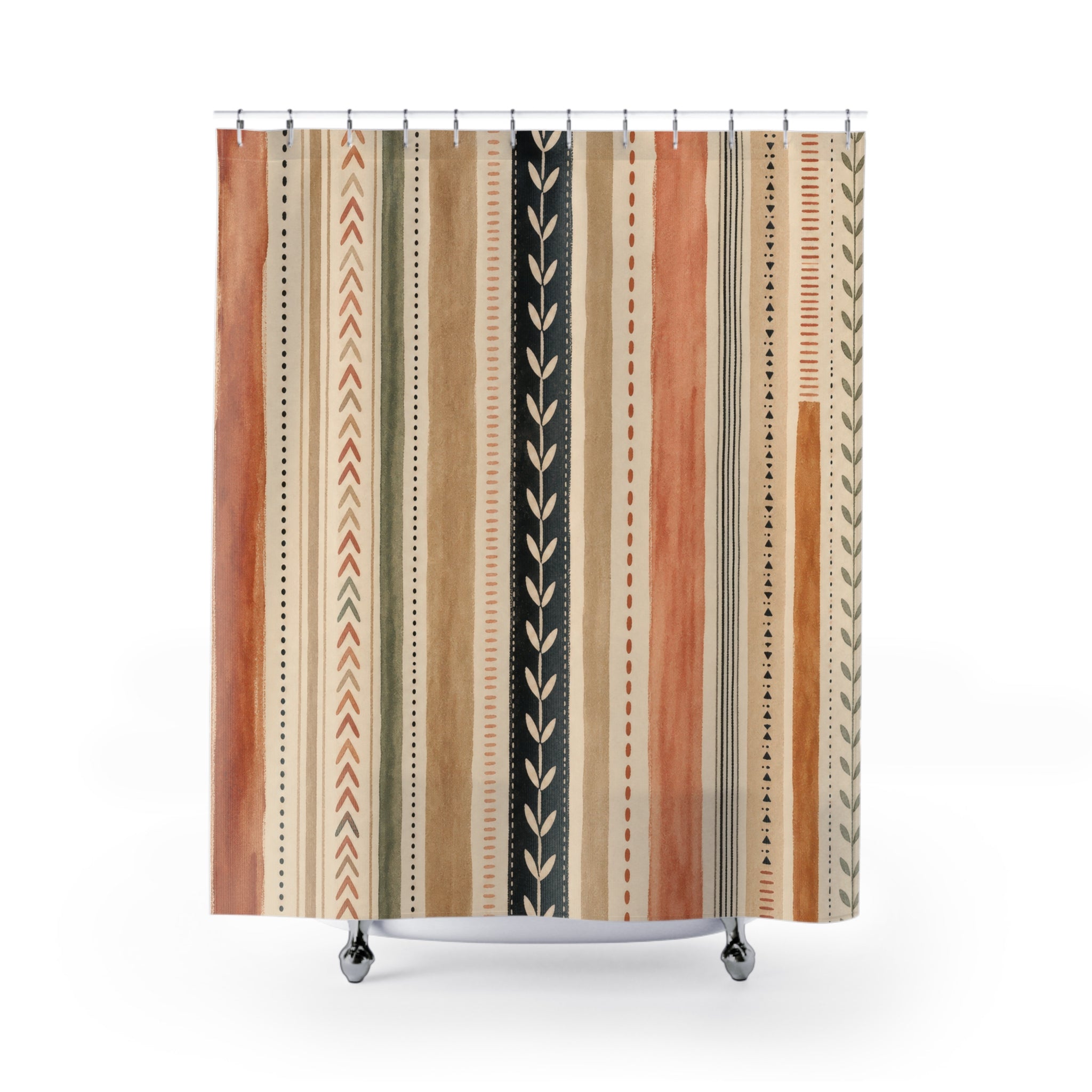 Olive Green Terracotta Geometric Stripe Shower Curtain