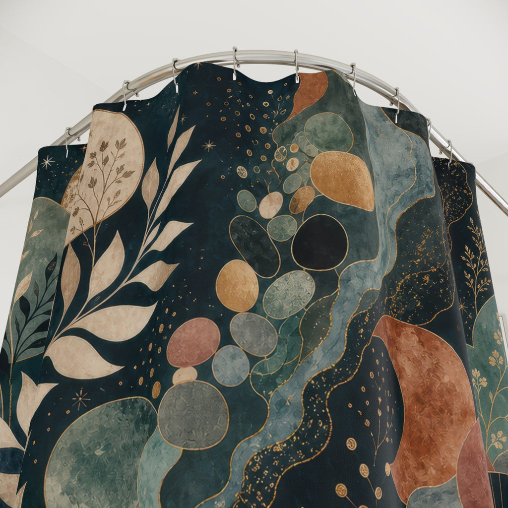 Cosmic Botanical Shower Curtain, Teal Navy Boho Bathroom Decor, Moon Garden Bath Curtain, Moody Guest Bathroom Decor, Navy Bath Decor