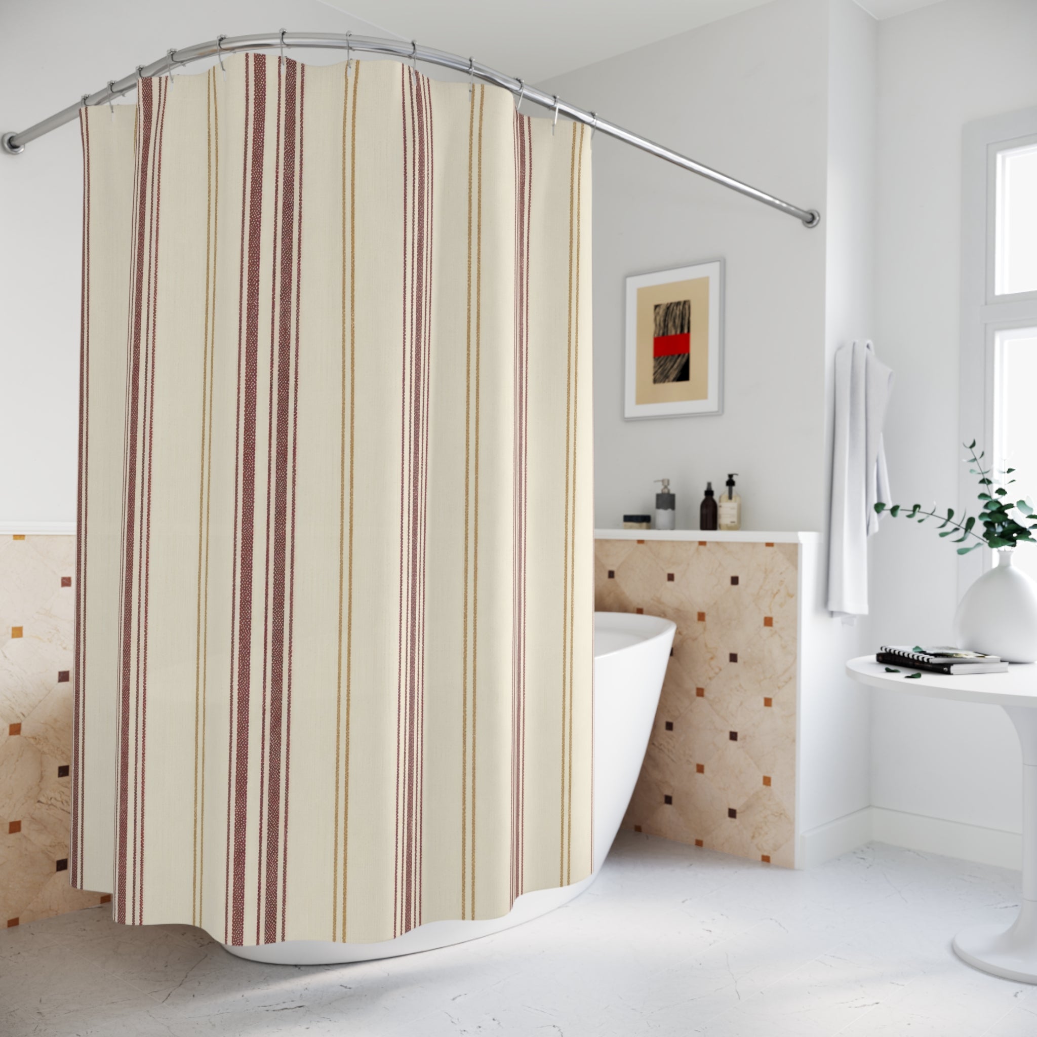 Burgundy Ticking Stripe Shower Curtain, Cream Farmhouse Bathroom Decor, Red Stripe Bath Curtain, Guest Bathroom Decor, Small Bathroom Decor