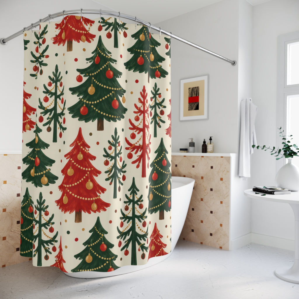 Red and green Christmas trees with gold garlands on ivory shower curtain beside a freestanding tub