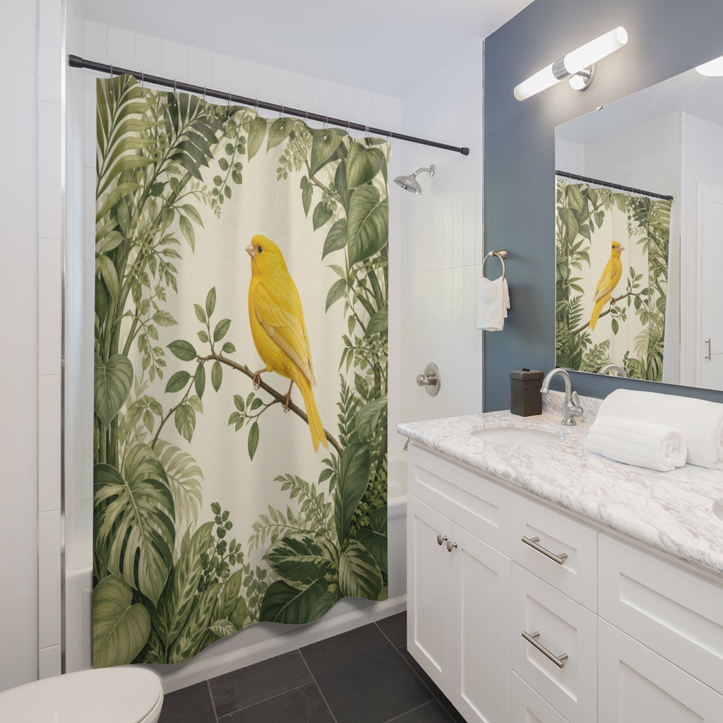 Yellow canary framed by layered tropical green leaves shower curtain beside a white vanity