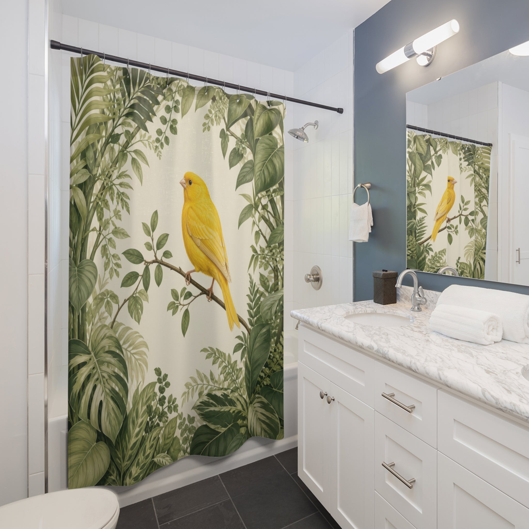 Yellow canary framed by layered tropical green leaves shower curtain beside a white vanity