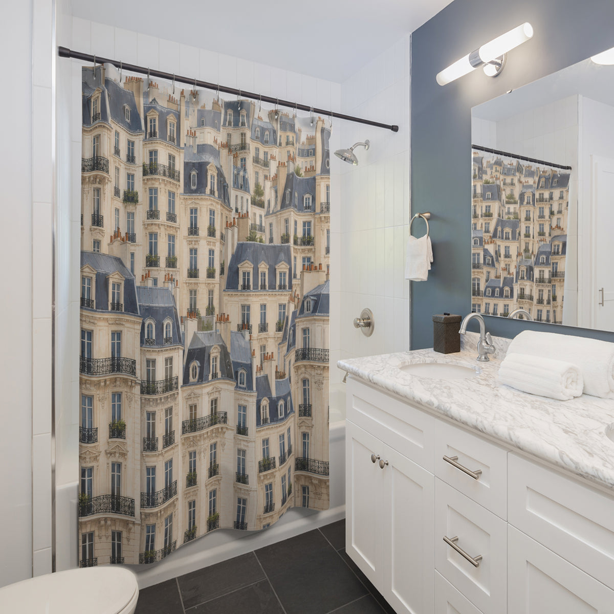 Cream Paris façades with slate roofs and dark balconies shower curtain beside a white vanity