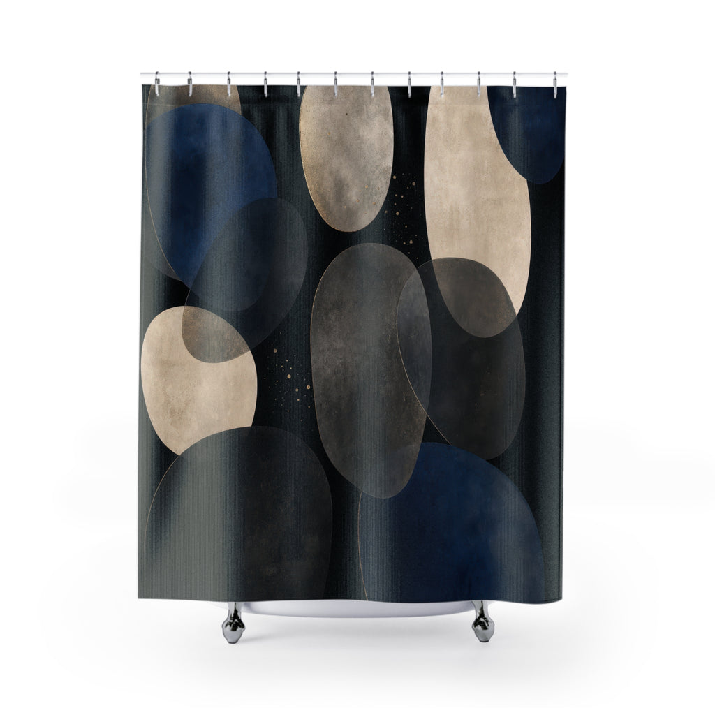 Blue Abstract Shower Curtain, Navy Black Bath Decor, Cream Gray Circle Pattern, Modern Geometric Bathroom Decor, Moody Guest Bathroom