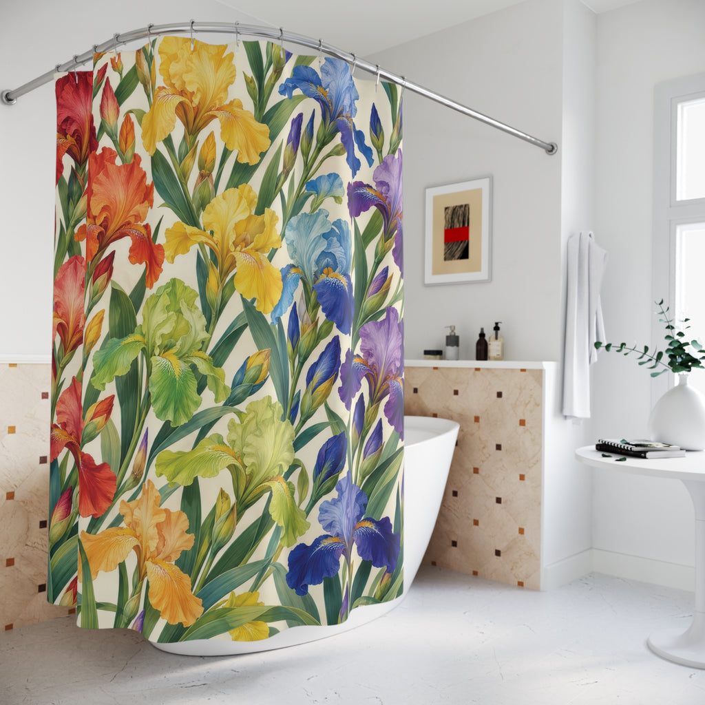 Rainbow iris flowers and green leaves on warm ivory shower curtain beside a freestanding tub