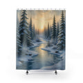Winter woodland frozen creek forest shower curtain with full front view