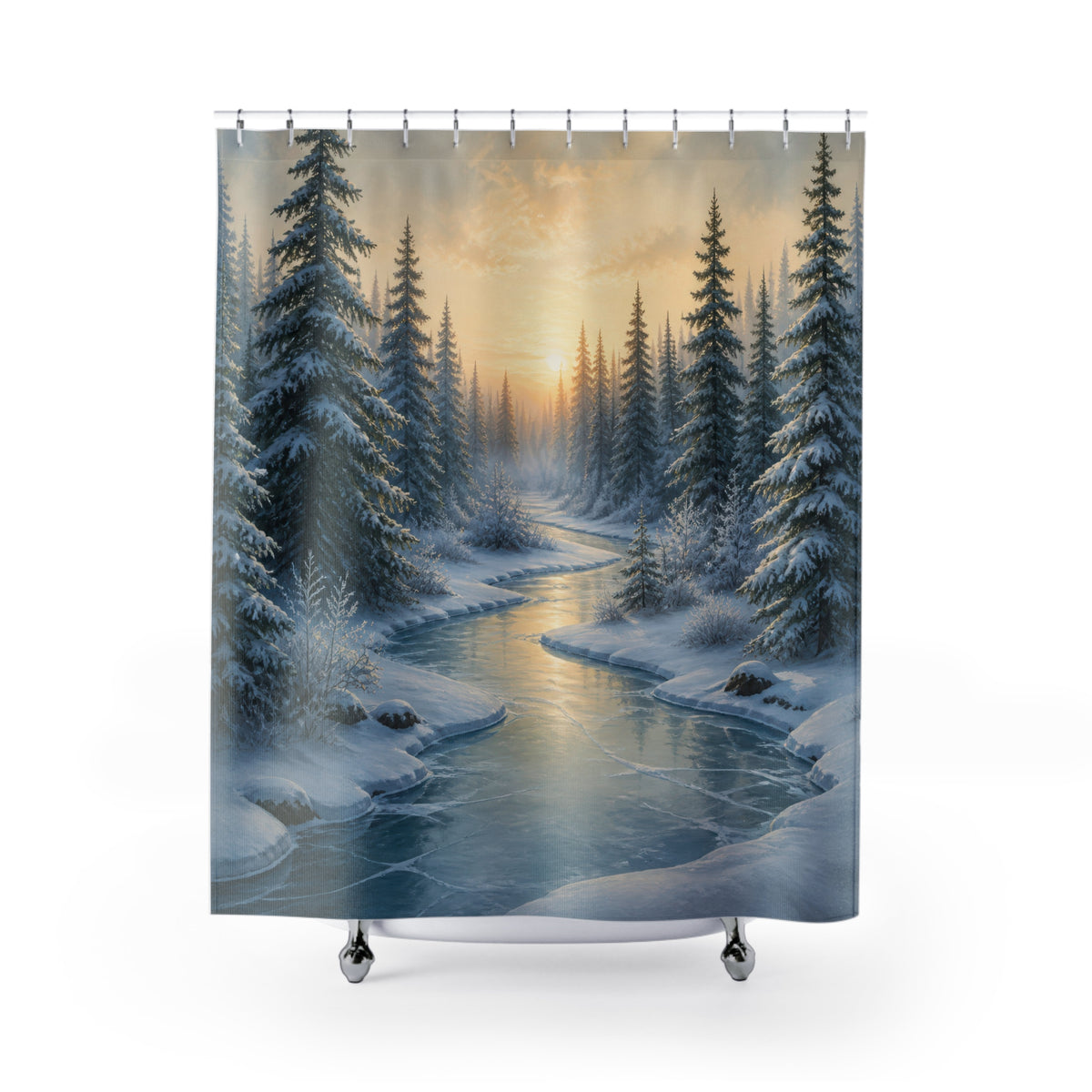 Winter woodland frozen creek forest shower curtain with full front view