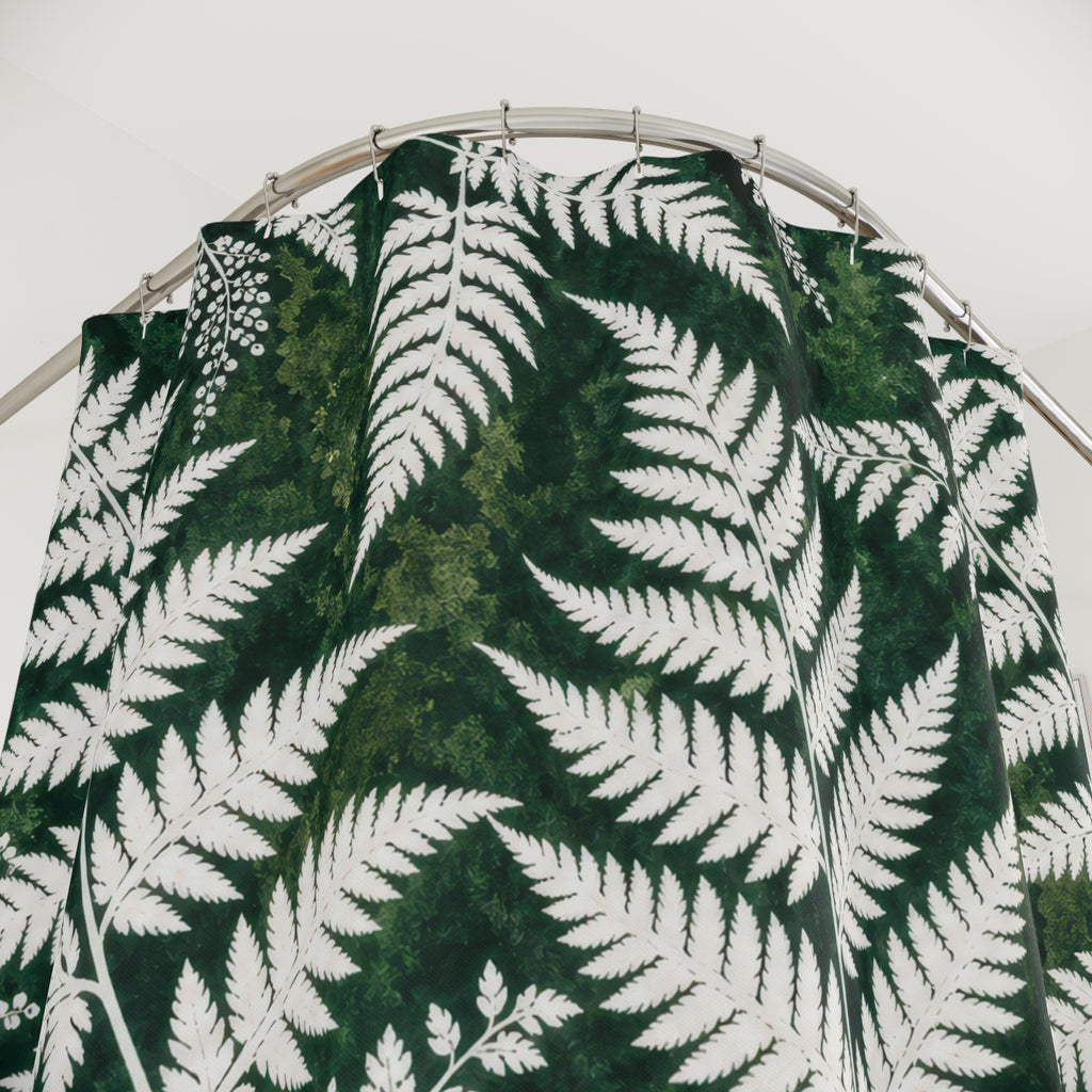 Dark Green White Botanical Leaf Shower Curtain