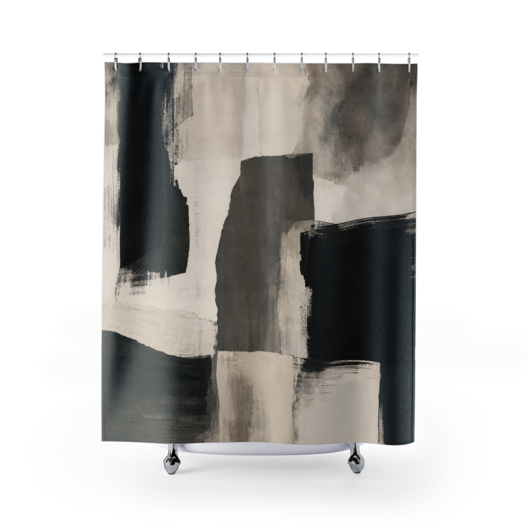 Black Gray charcoal abstract block shower curtain with full front view