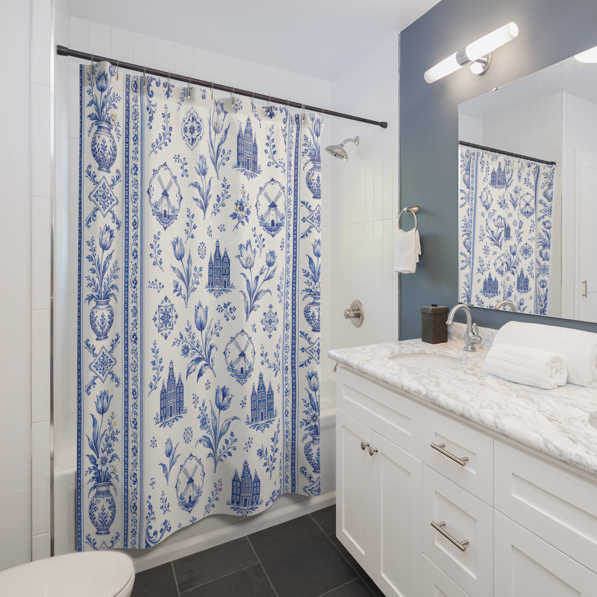 Blue and White Floral Shower Curtain