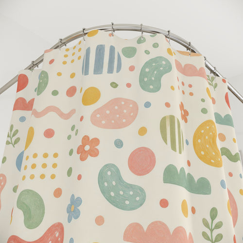 Abstract Retro decorative shower curtain with close-up print, hooks, and folds