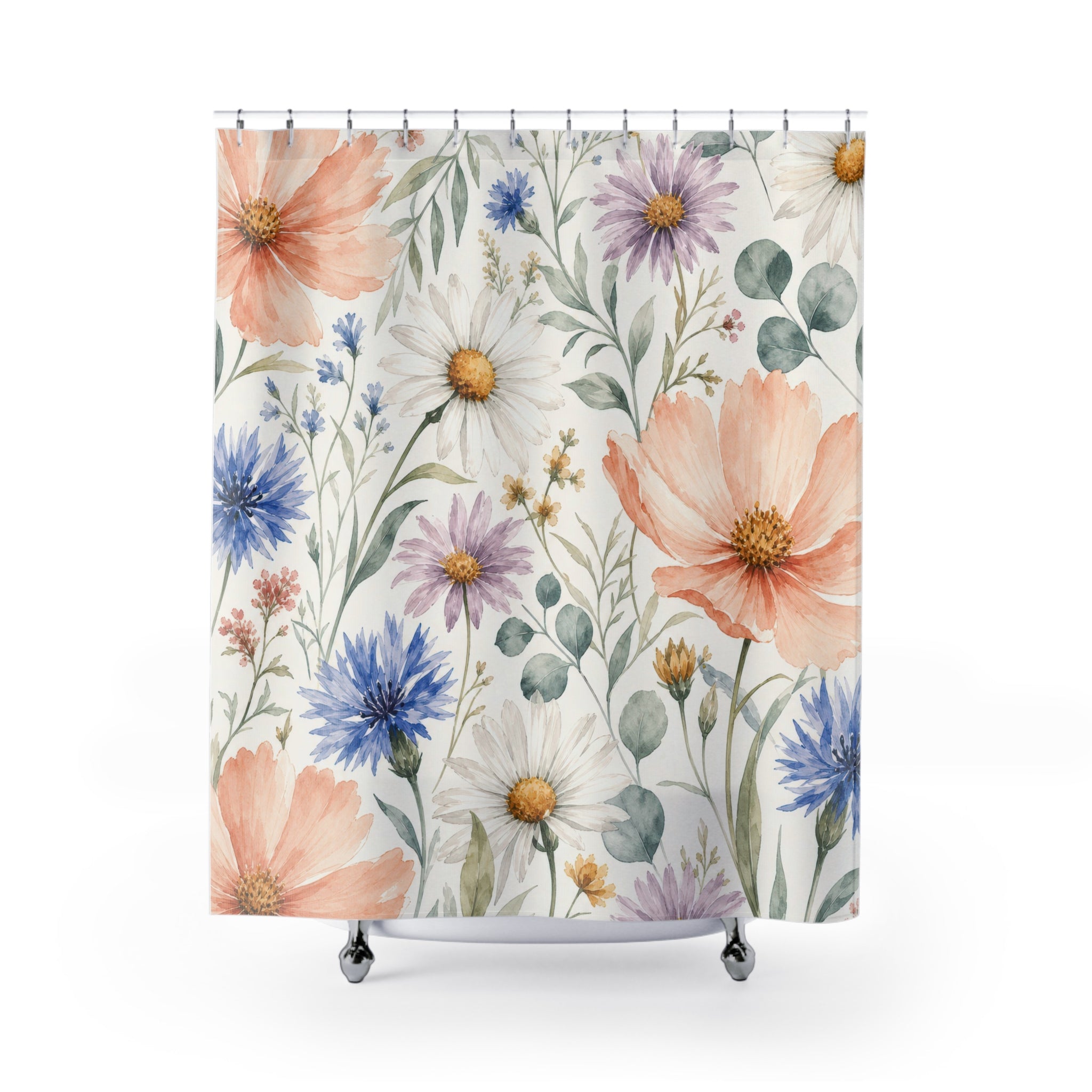 Peach Blue Wildflower Watercolor Shower Curtain