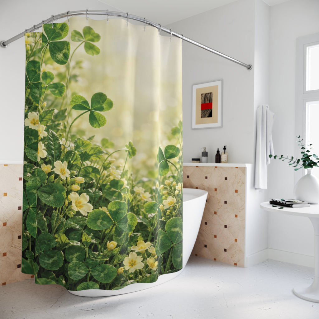 Green clover and pale yellow primrose meadow shower curtain beside a freestanding tub