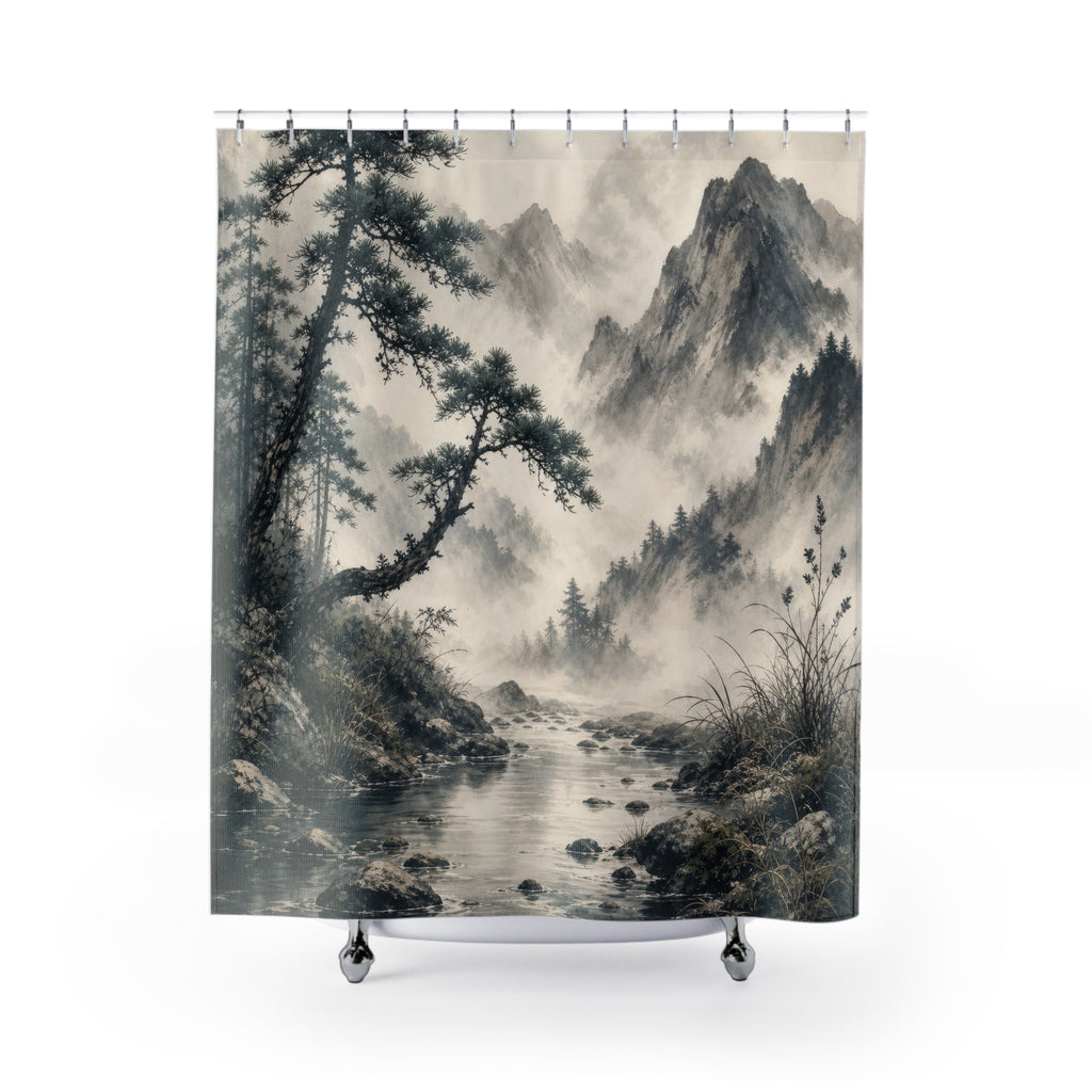 Ink Wash Mountain River Shower Curtain