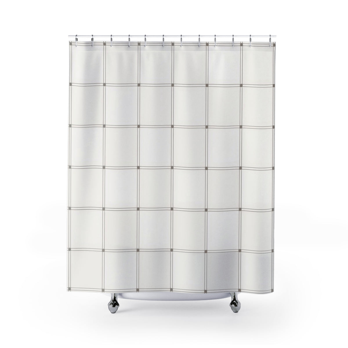 White windowpane with fine warm-gray double lines shower curtain with full front view