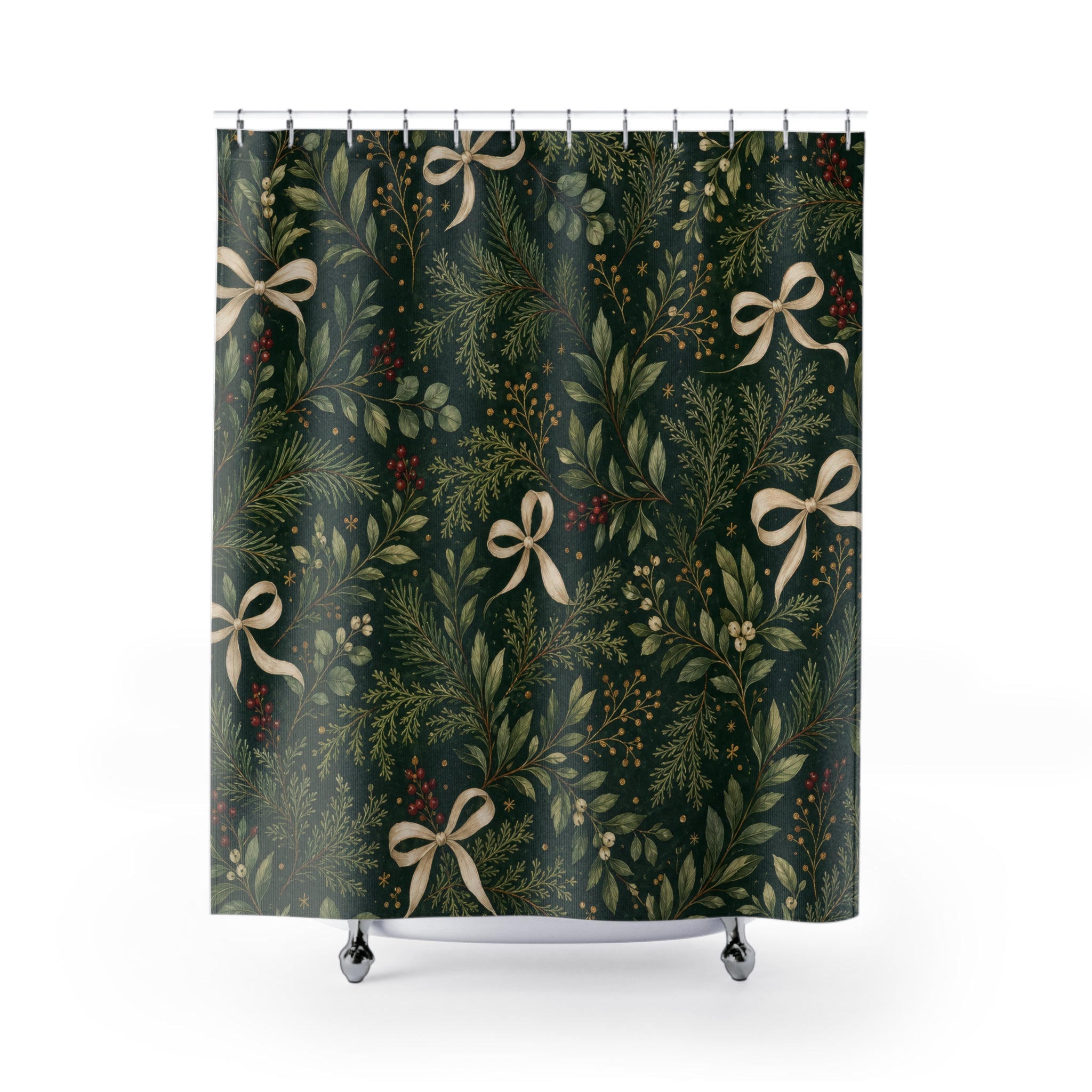 Green Christmas Shower Curtain, Dark Botanical Bath Decor, Cream Bow Ribbon Pattern, Holiday Gift Green Guest Bathroom Decor Style