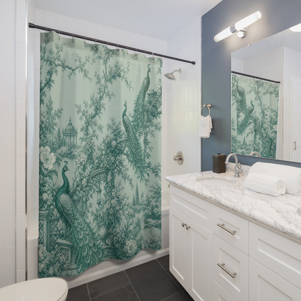 Verdigris Peacock Toile Shower Curtain