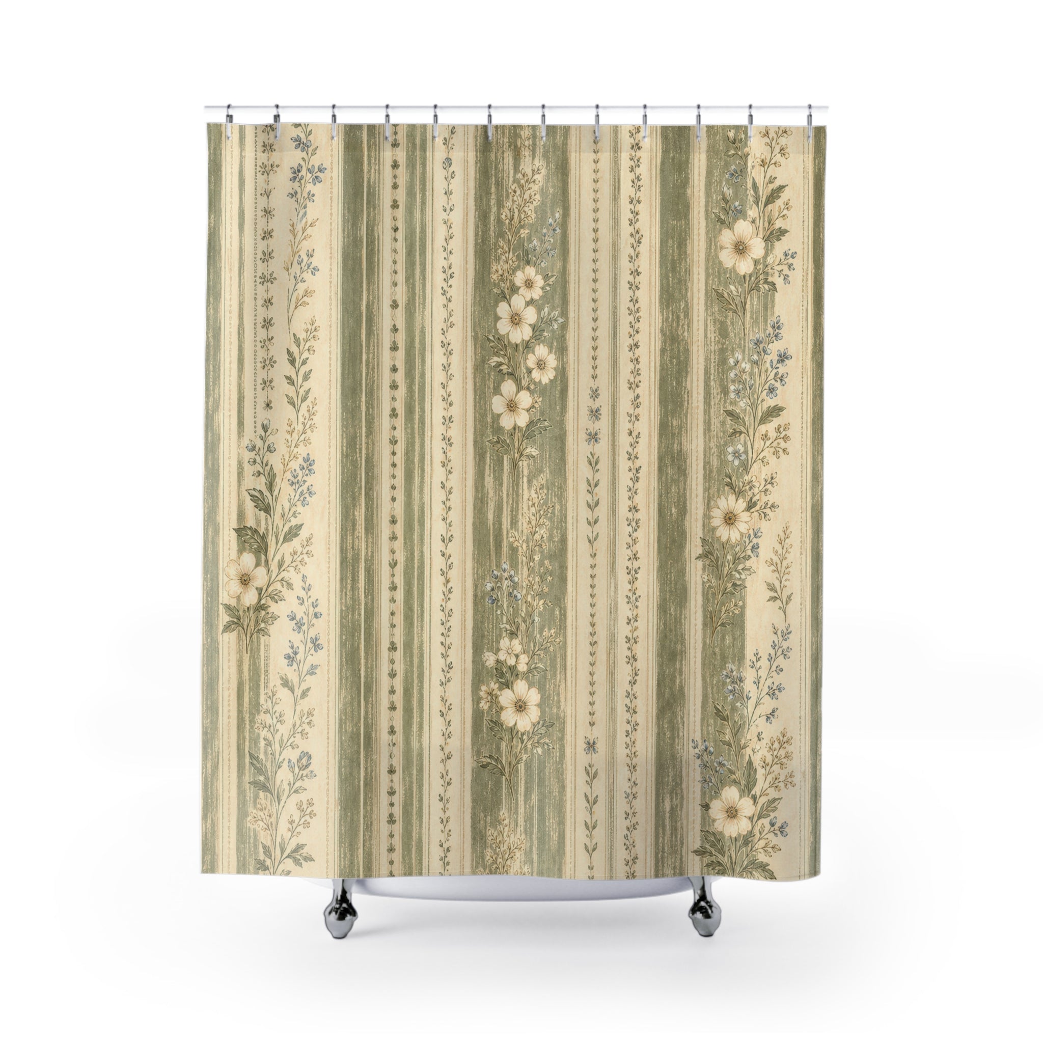 Sage Farmhouse Floral Stripe Green Shower Curtain