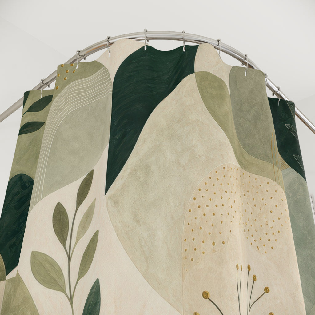 Green Boho Shower Curtain, Modern Botanical Bath Decor, Beige Sage Leaf Abstract Pattern, Organic Neutral Guest Bathroom Decor Style