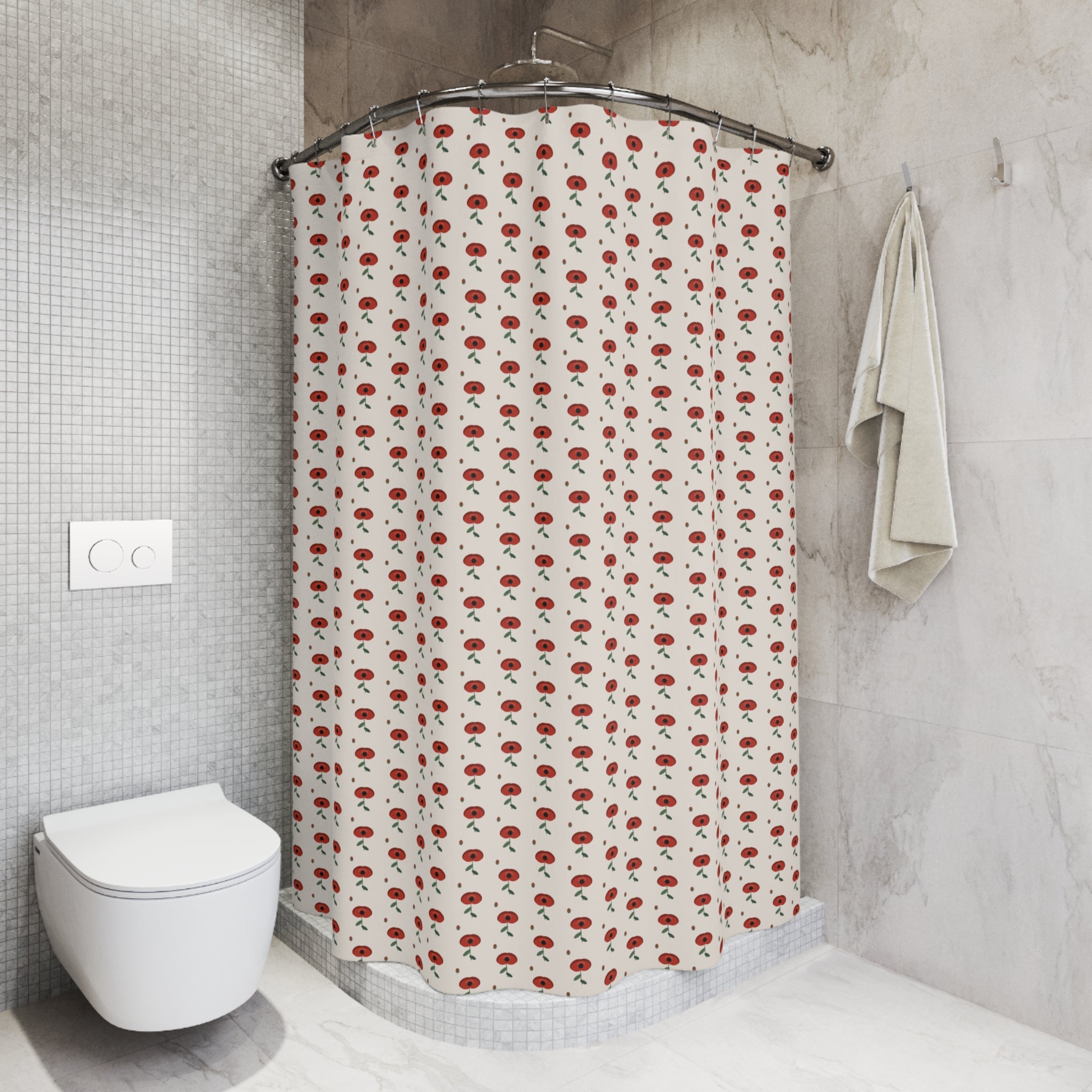 Art Nouveau Poppy Shower Curtain – Red on Cream