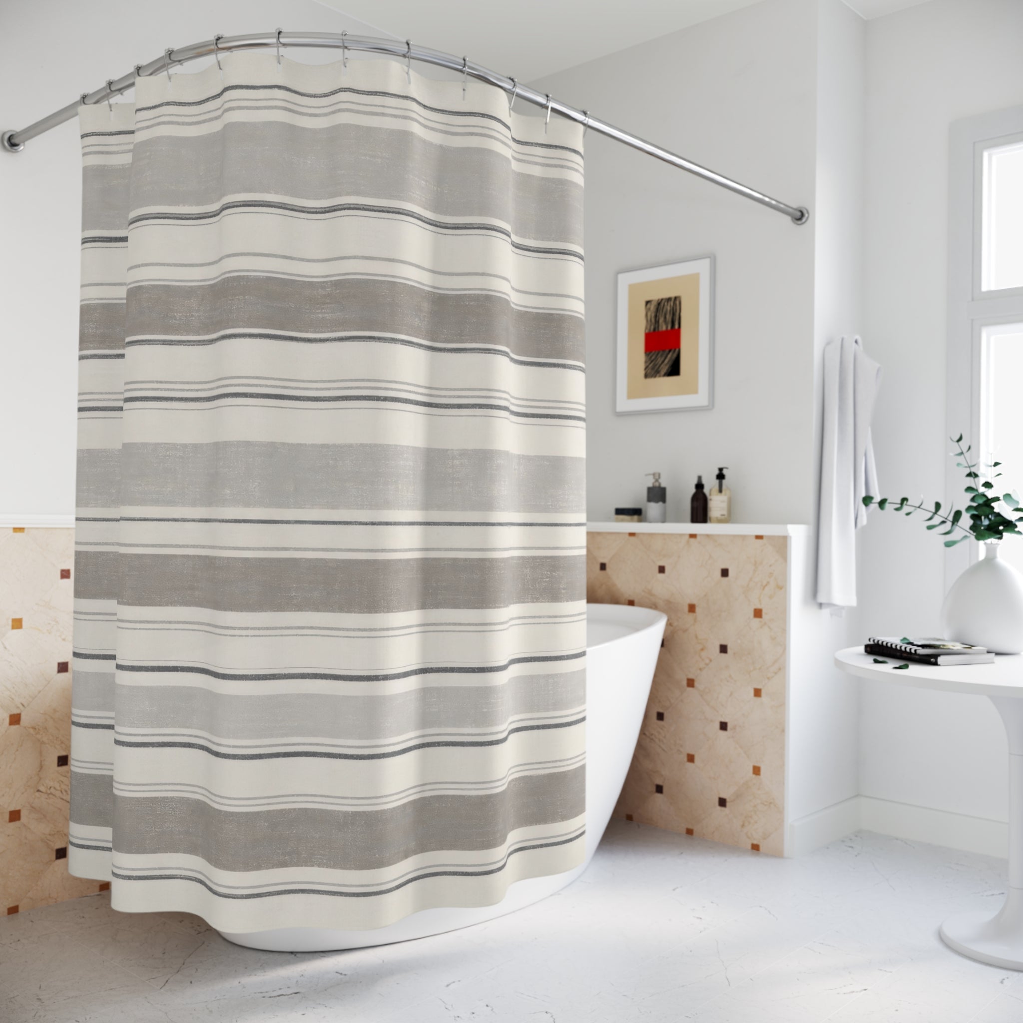 Grey Horizontal Band Shower Curtain, Grey Ivory Classic Bathroom Decor, Modern Stripe Bath Curtain, Guest Bath Decor, Small Bathroom Decor