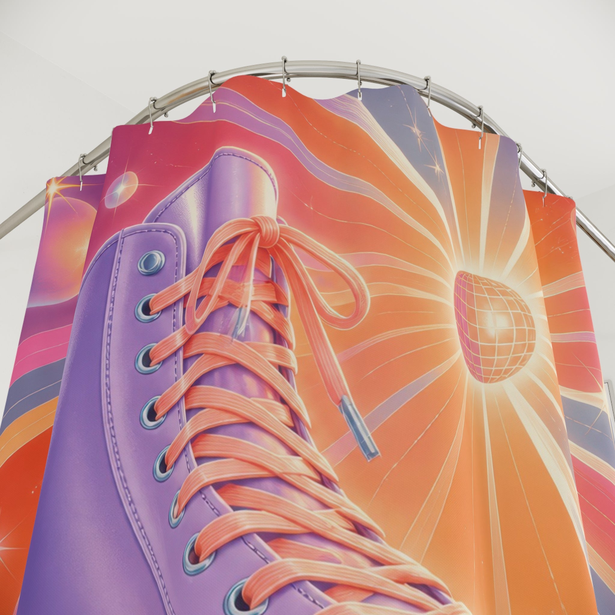 Glossy retro roller skate over a pastel disco starburst shower curtain with close-up print, hooks, and folds