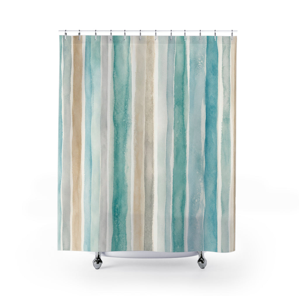 Turquoise Watercolor Vertical Stripe Shower Curtain