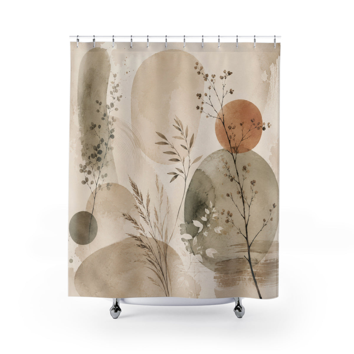 Japandi Shower Curtain: Sage Green Beige Botanical Abstract