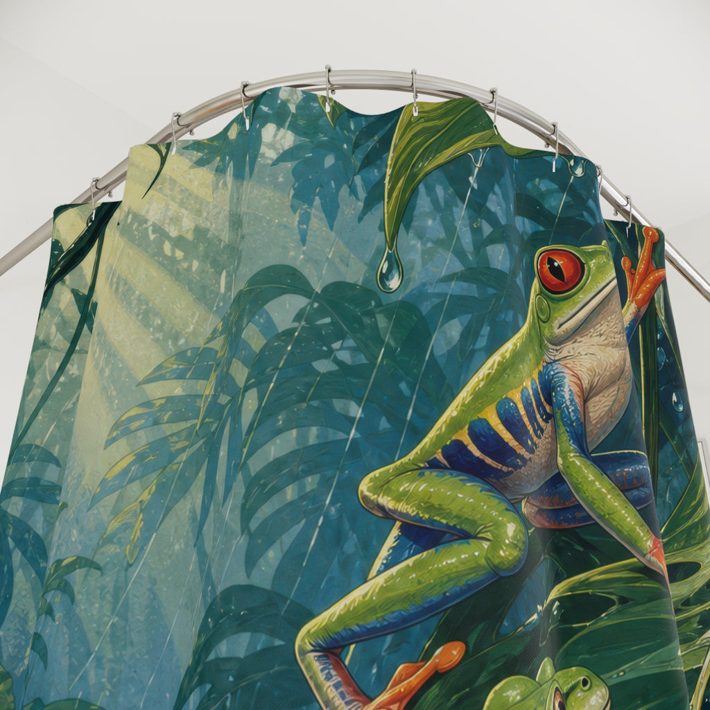 Colorful tree frogs climbing tropical leaves shower curtain with close-up print, hooks, and folds