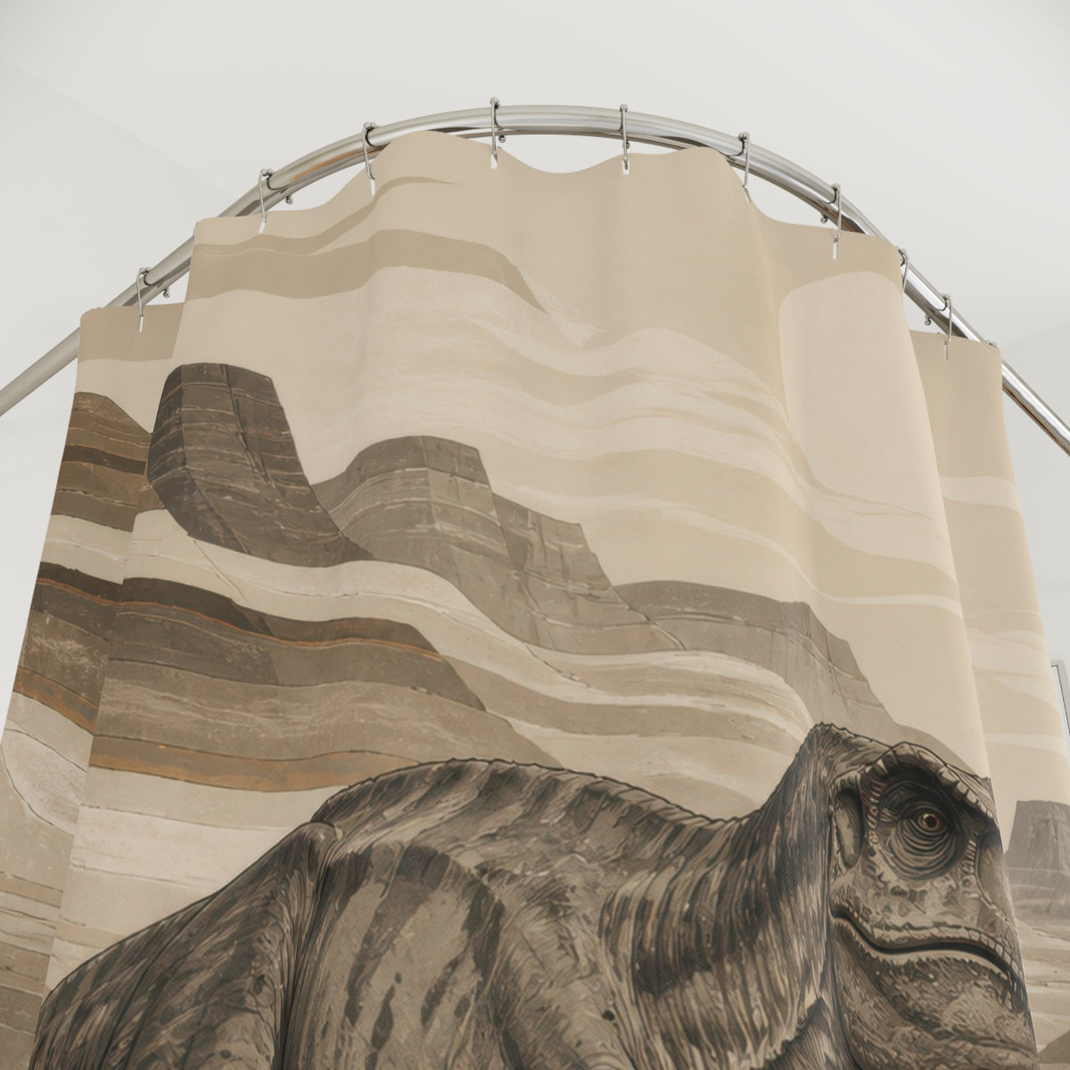 Sepia Tyrannosaurus rex in a layered desert canyon shower curtain with close-up print, hooks, and folds
