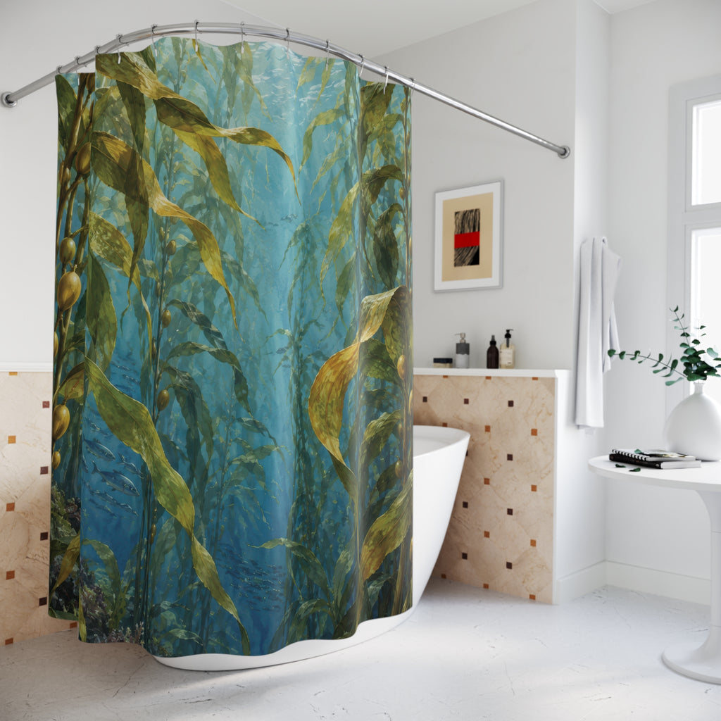 Olive green kelp and small silver-blue fish in sunlit blue water shower curtain beside a freestanding tub