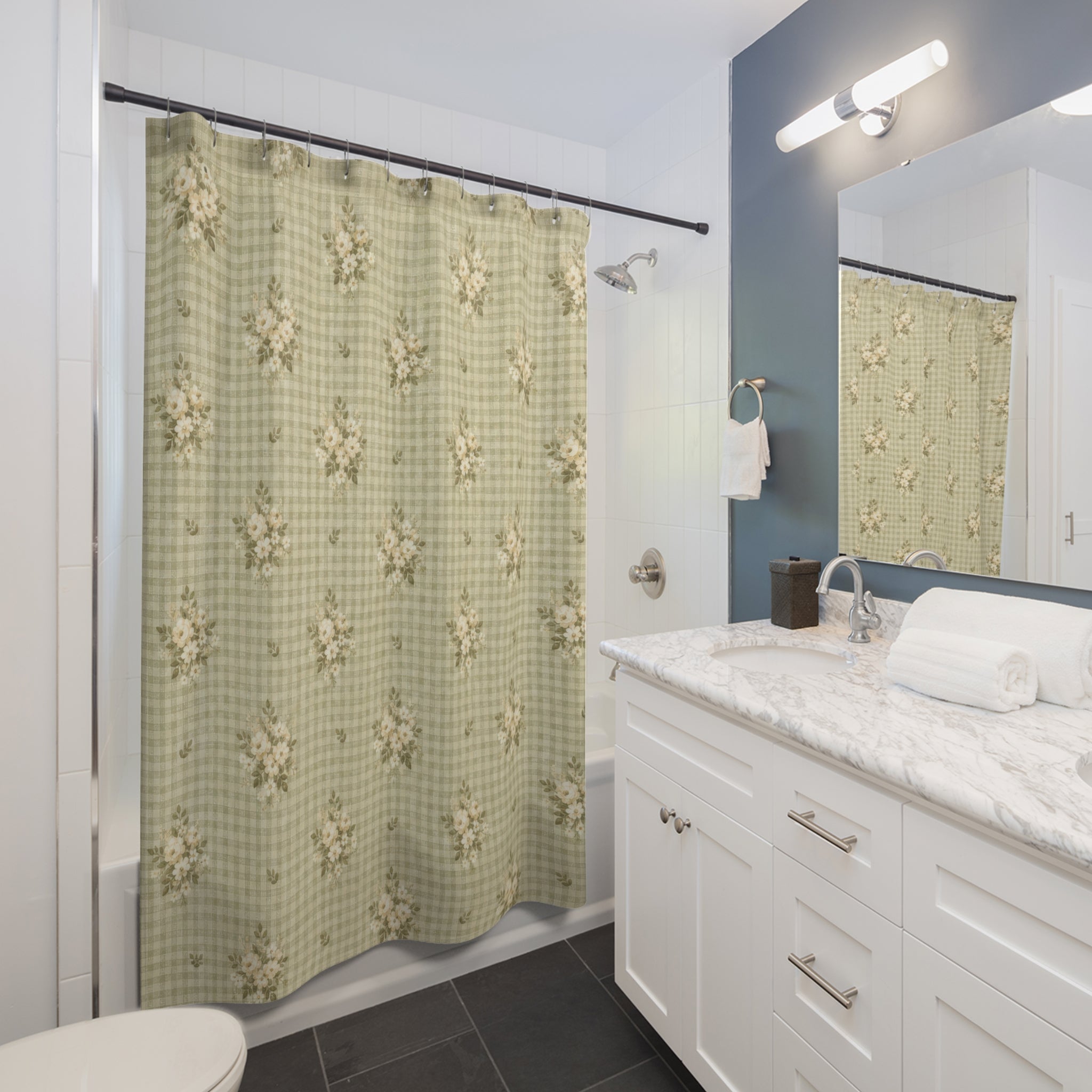 Sage Green Check Daisy Shower Curtain