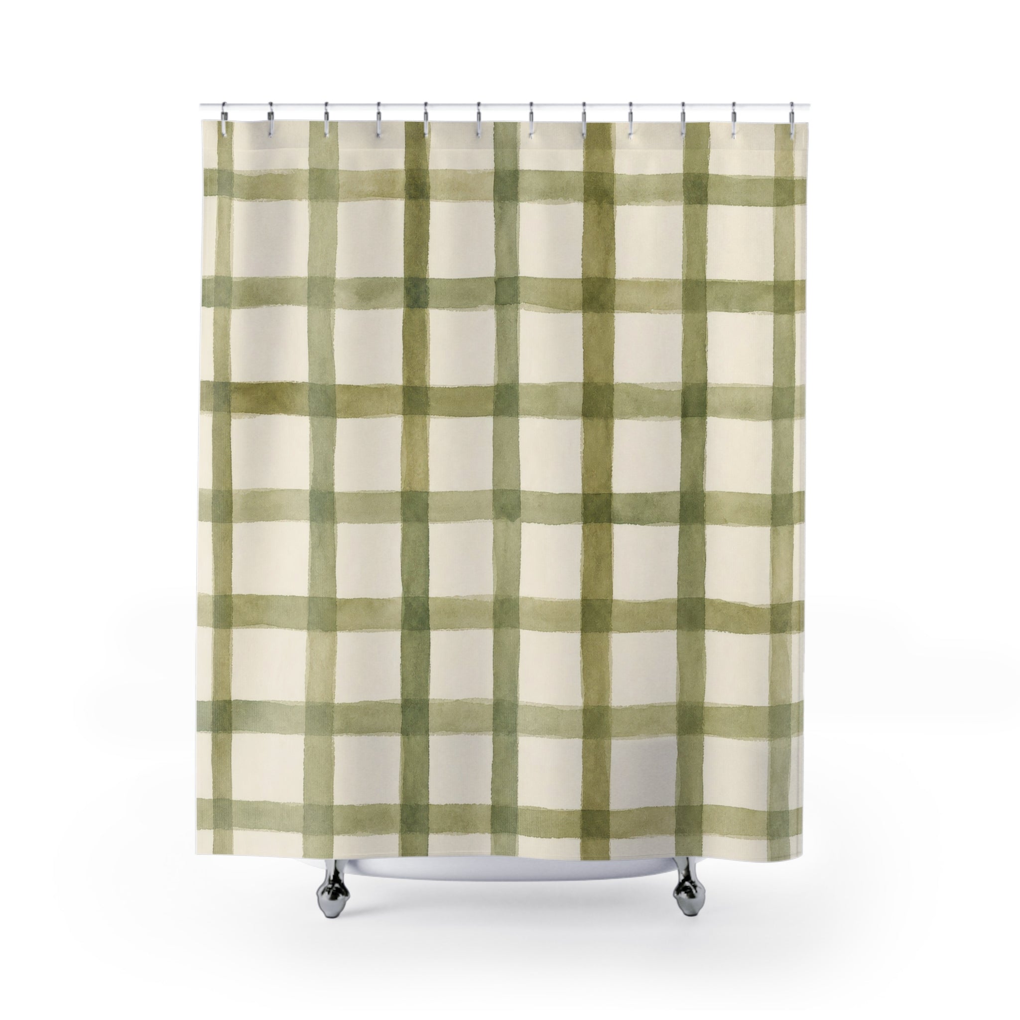 Olive Watercolor Grid Shower Curtain