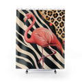 Pink flamingo striding across zebra and leopard patterns shower curtain with full front view