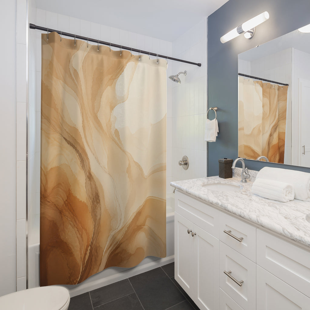 Sweeping tan caramel and cream mineral plume abstraction shower curtain beside a white vanity