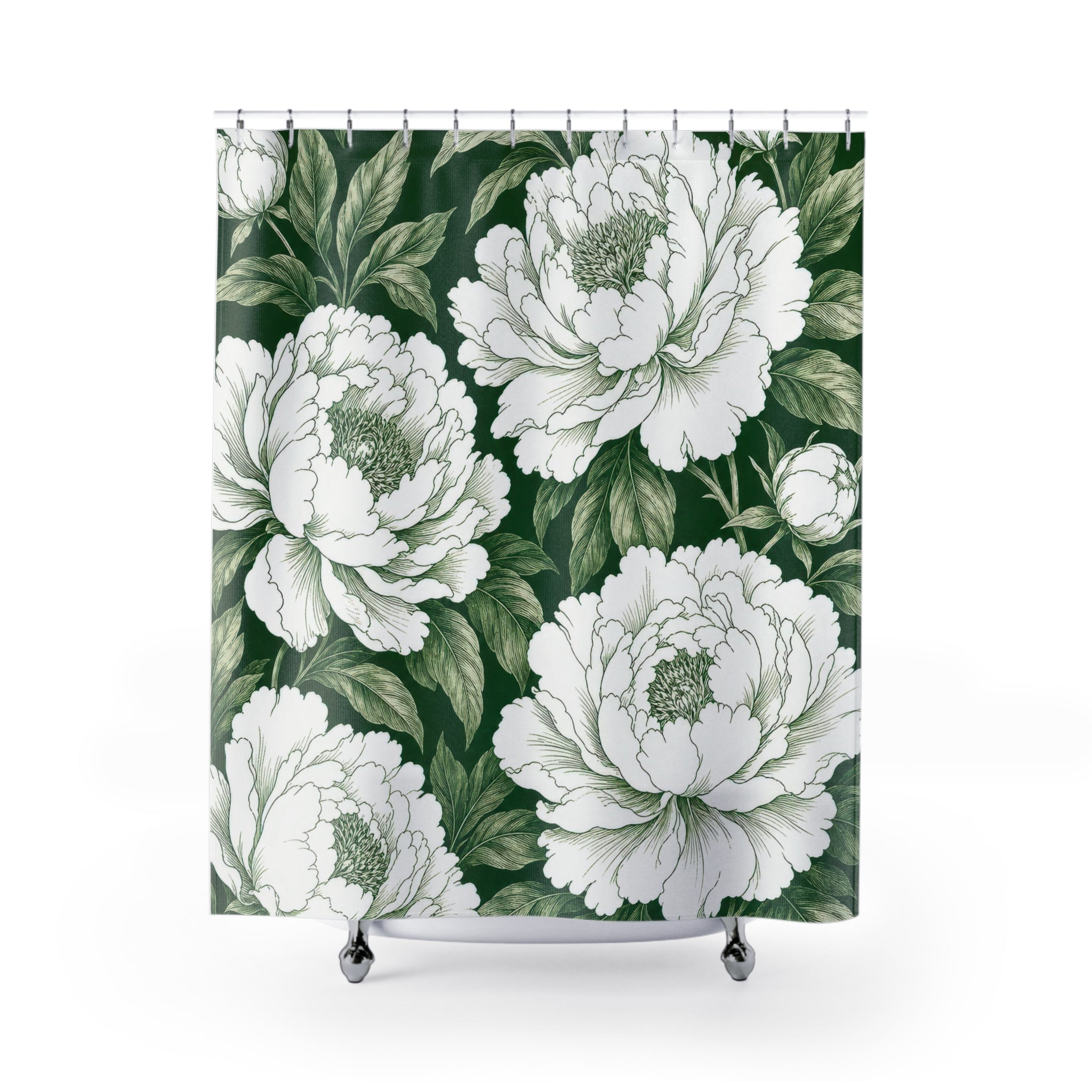 Green White Peony Botanical Shower Curtain