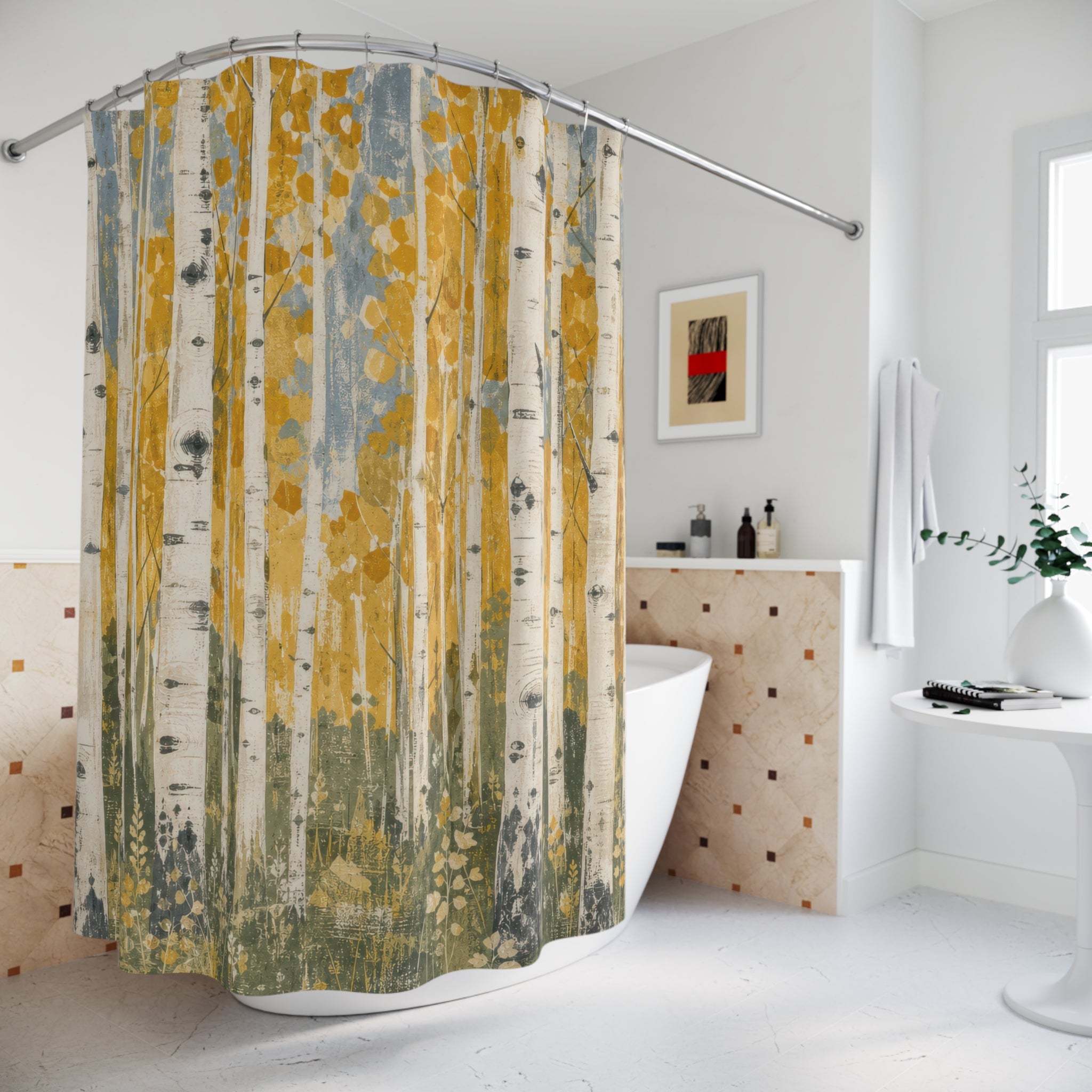 Painterly Aspen Shower Curtain, Golden Leaf Forest Bath Decor, Sage Green Tree Pattern, Rustic Nature Inspired Cabin Bathroom Decor