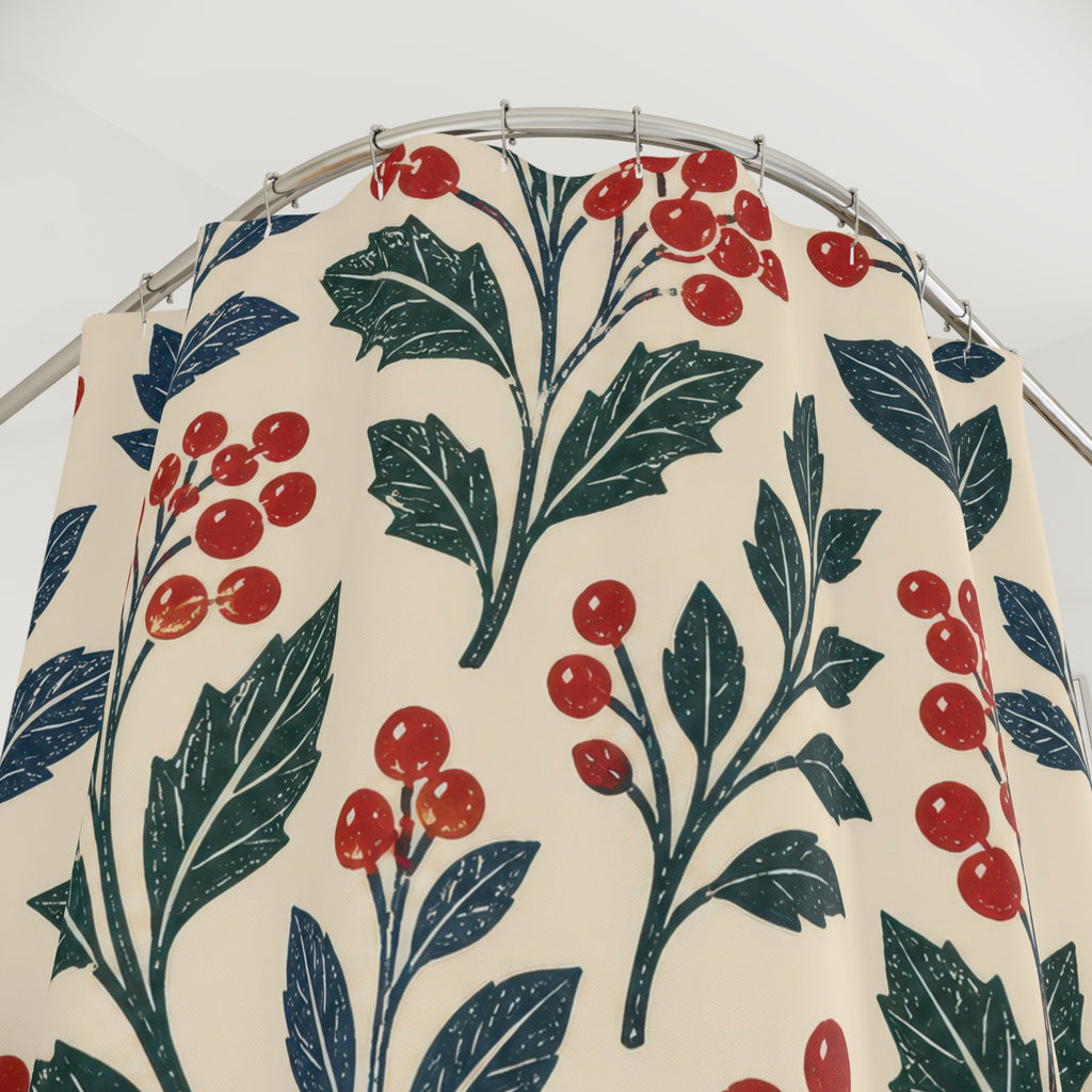 Red winter berry block print on cream shower curtain with close-up print, hooks, and folds