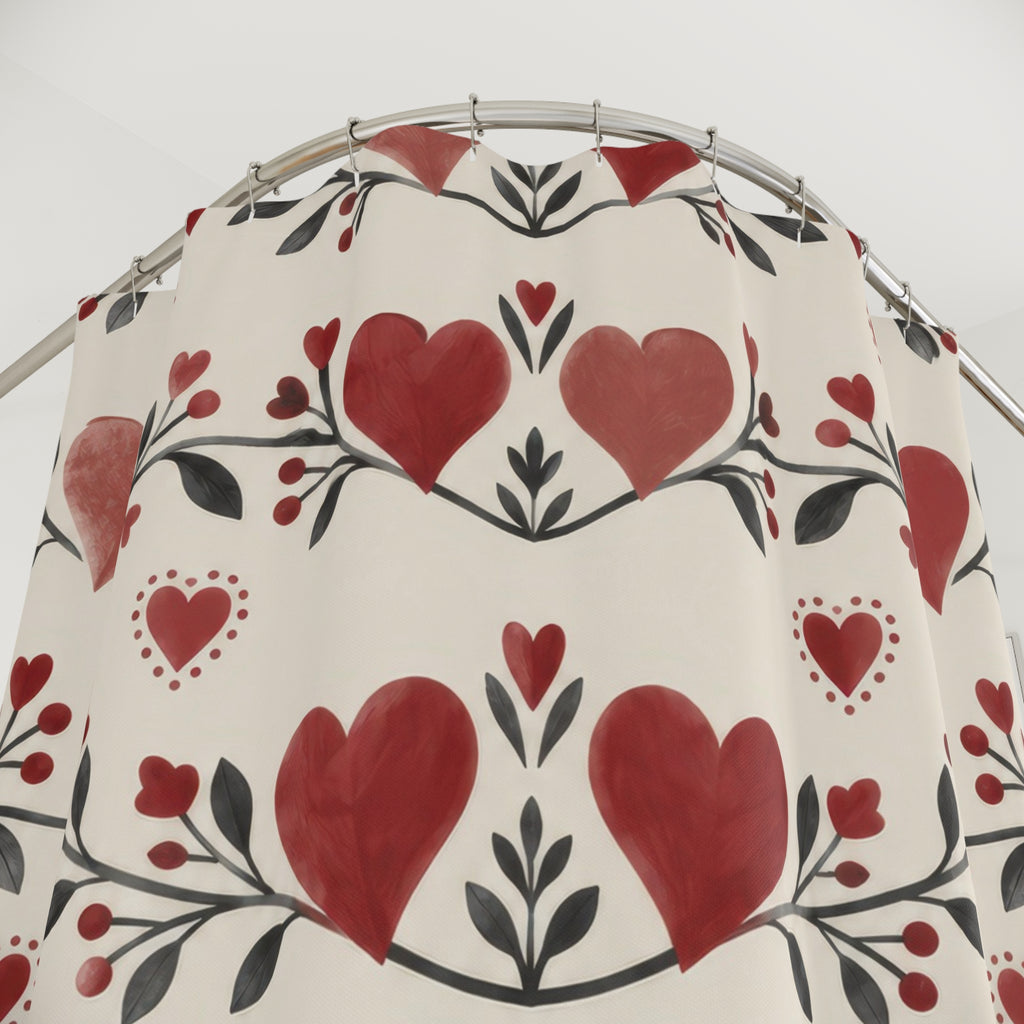 Red and rose hearts with charcoal leaves shower curtain with close-up print, hooks, and folds