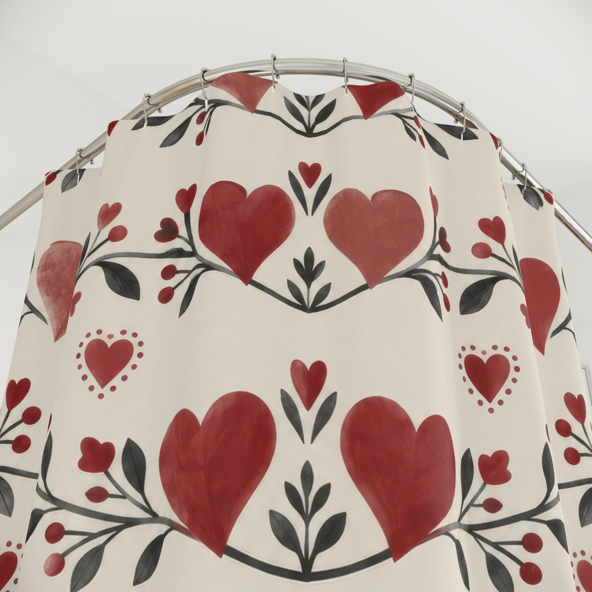 Red and rose hearts with charcoal leaves shower curtain with close-up print, hooks, and folds