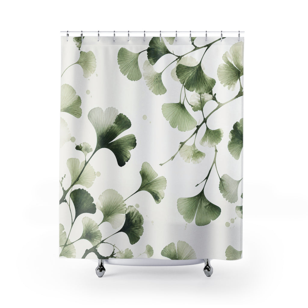 Watercolor Ginkgo Leaf green white shower curtain with full front view
