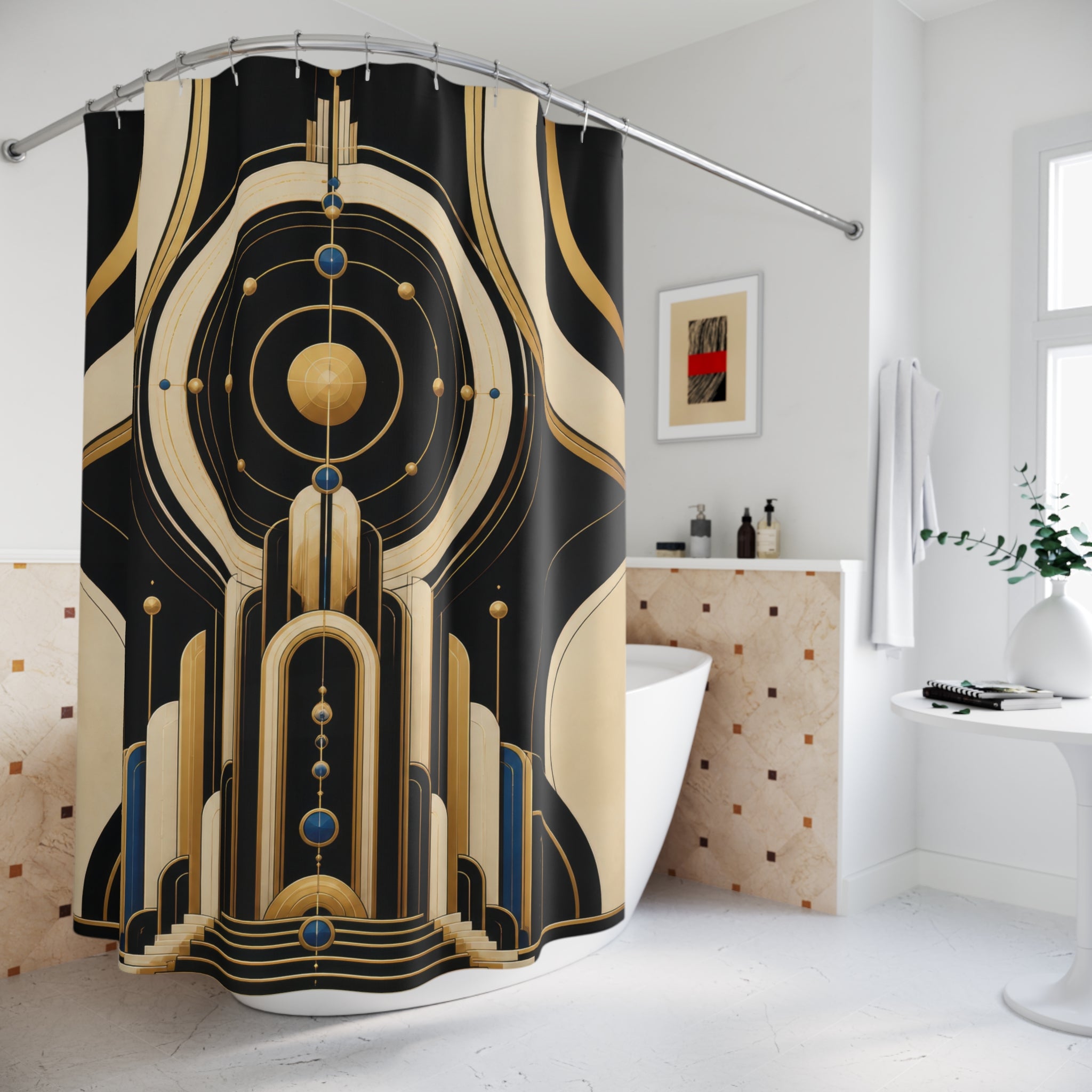 Black ivory and gold-colored Neo Art Deco orbit monument shower curtain beside a freestanding tub
