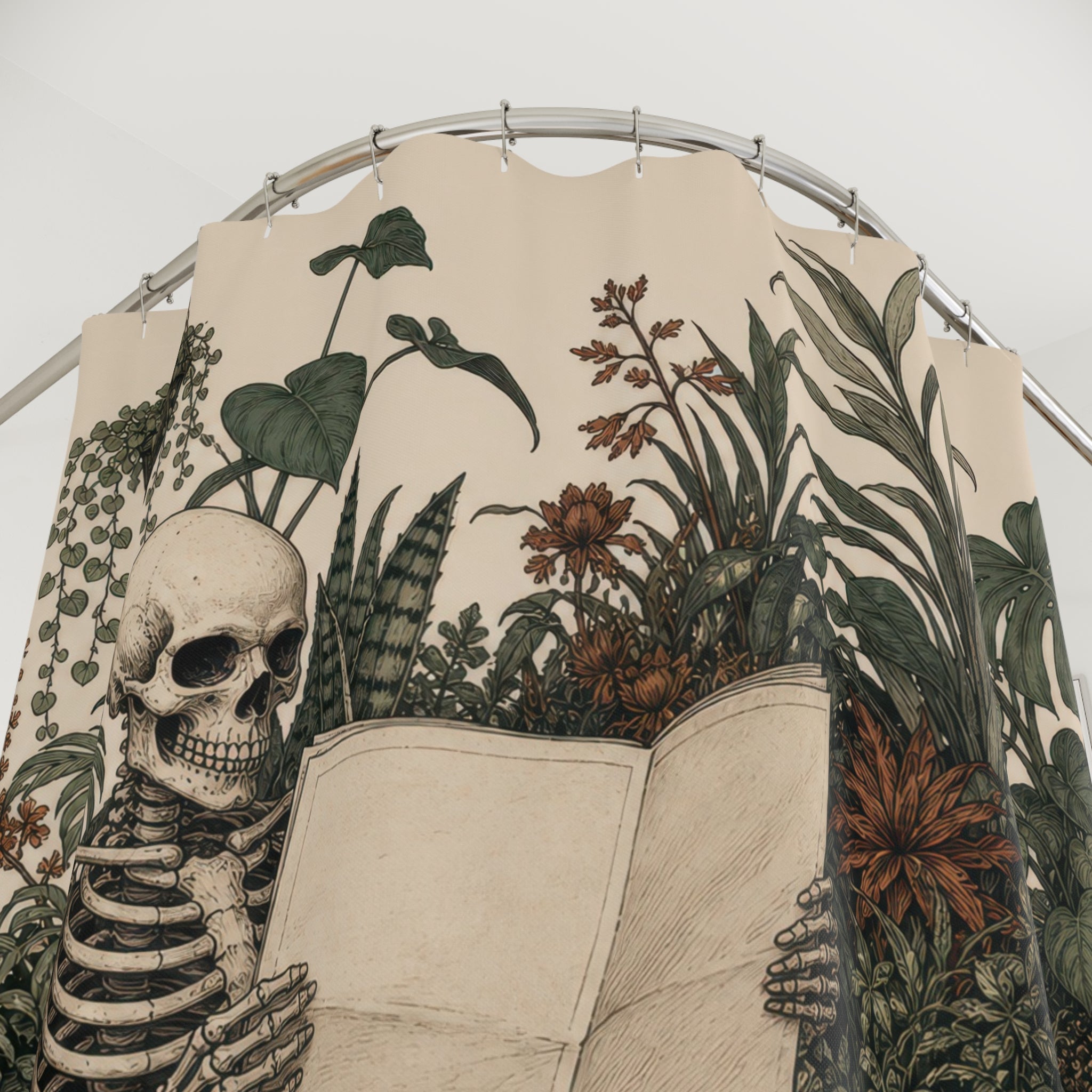 Dark Humor Shower Curtain, Skeleton Reading in Plant Filled Bath