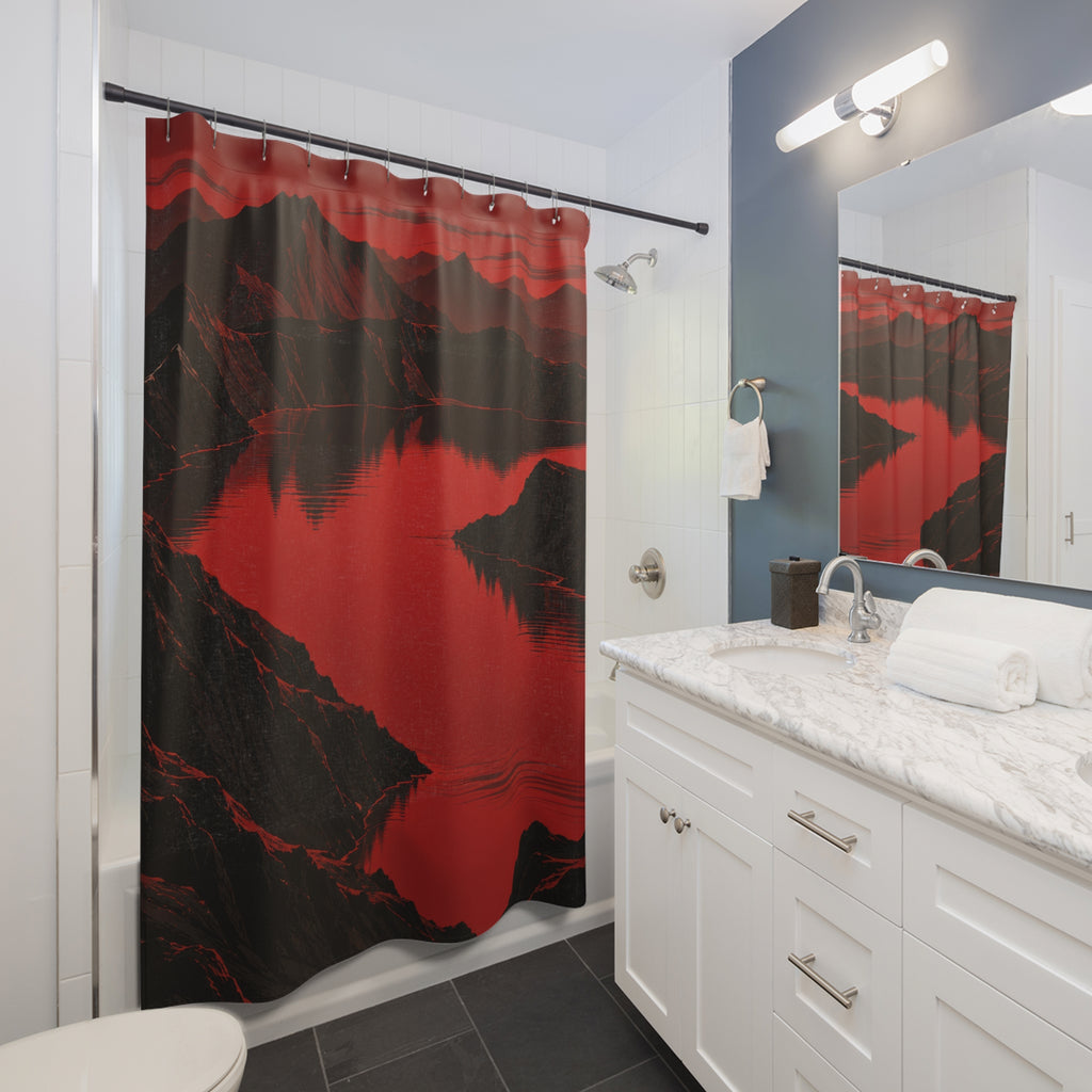 Black mountain ridges around a crimson lake and red sky shower curtain beside a white vanity