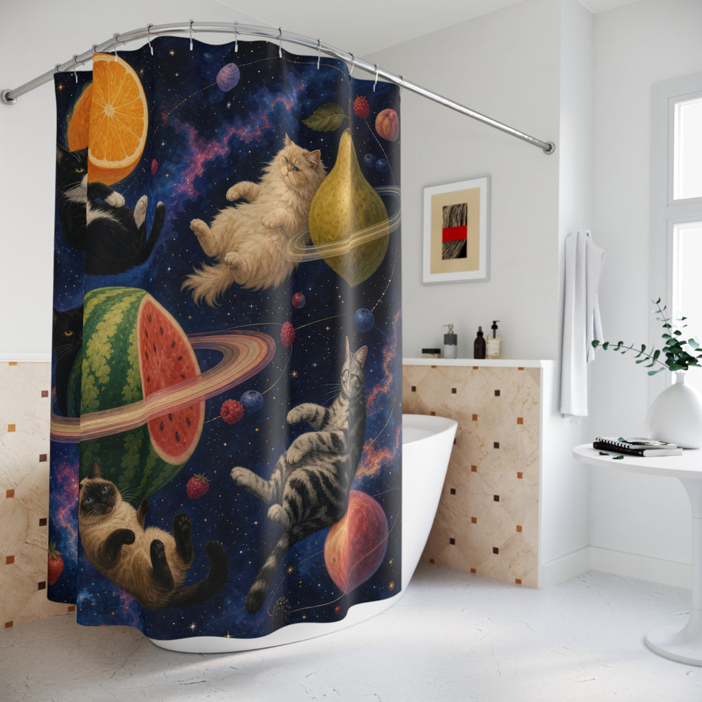 Cosmic Cats and Fruit Planets Shower Curtain
