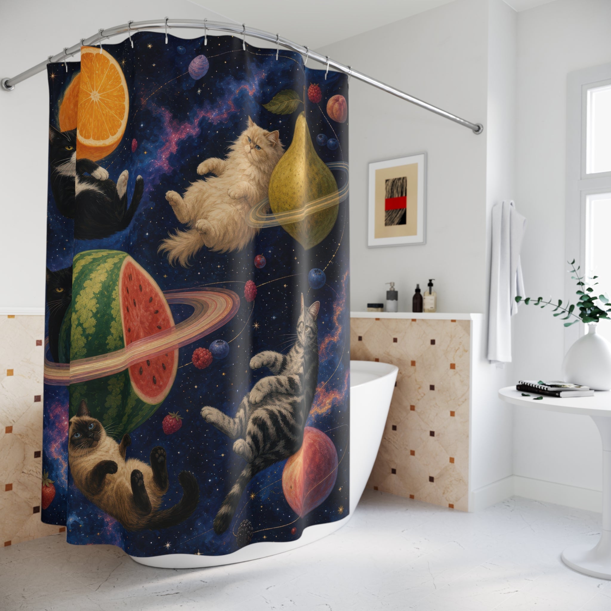 Cosmic Cats and Fruit Planets Shower Curtain