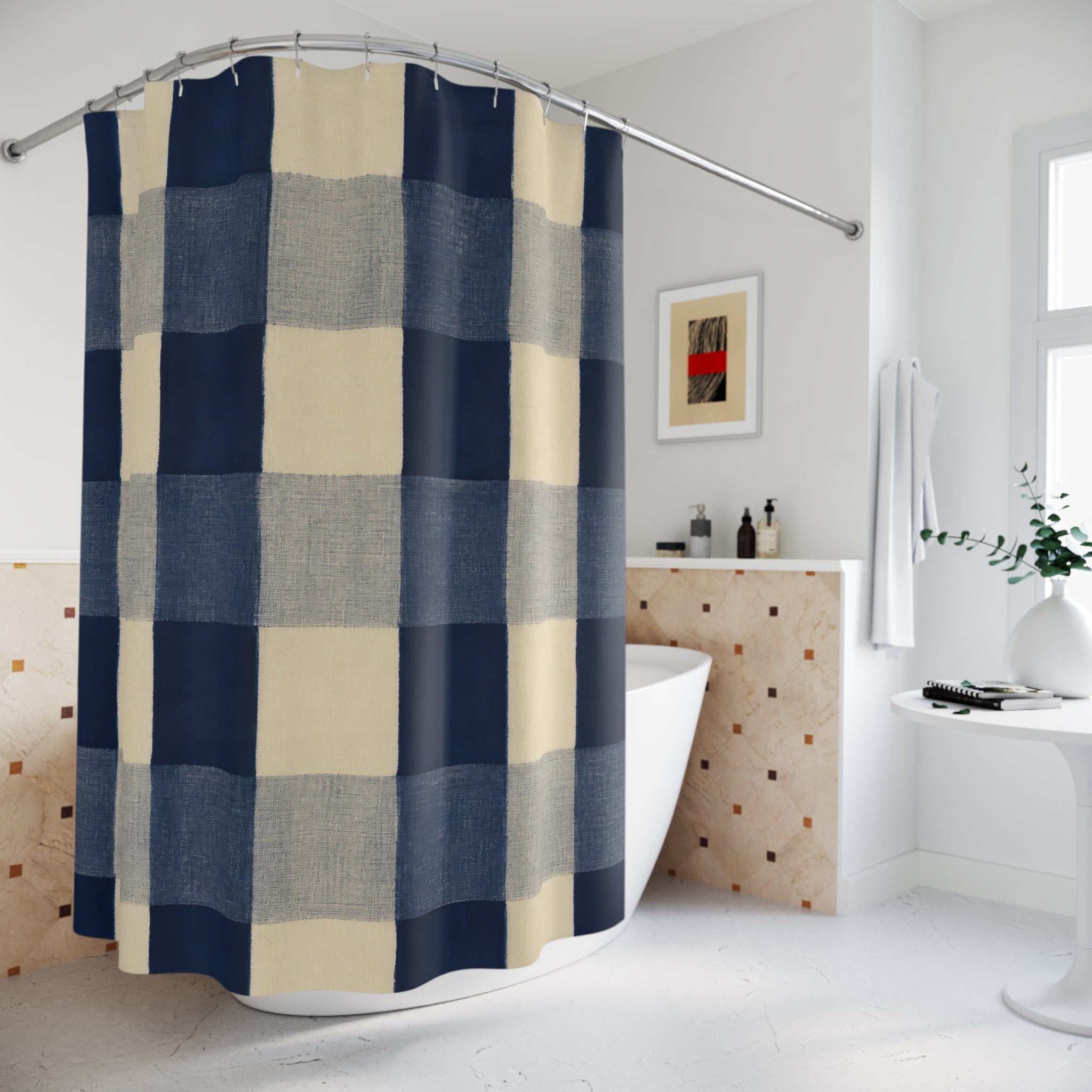 Navy Blue Cream Plaid Buffalo Check Shower Curtain